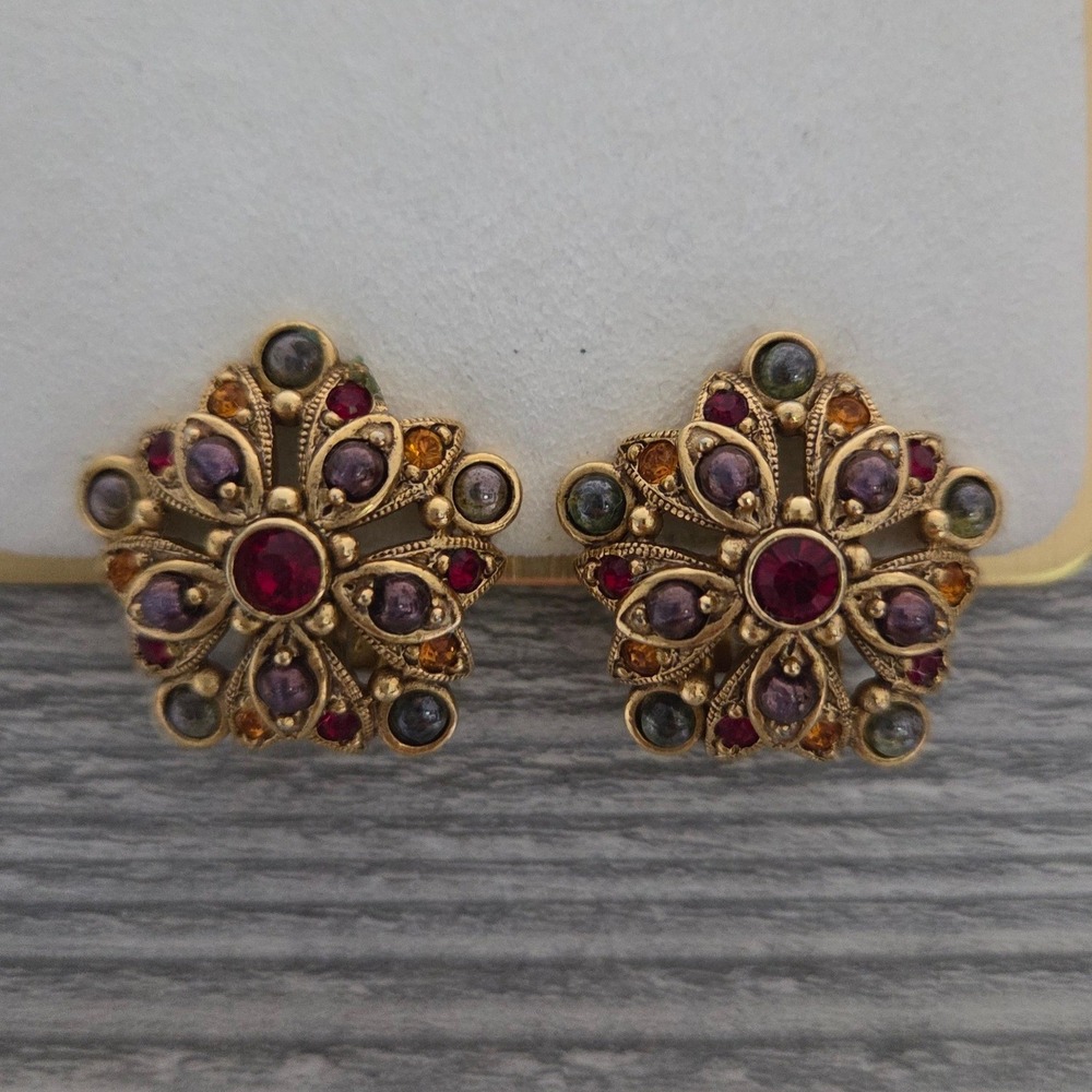 Joan Rivers Earrings Gold Multi Color Cabochon Floral Starburst Vintage